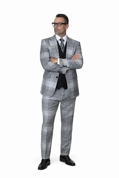 Statement Men’s 3-Piece Plaid Wool Suit – 100% Wool Modern Fit with Peak Lapel