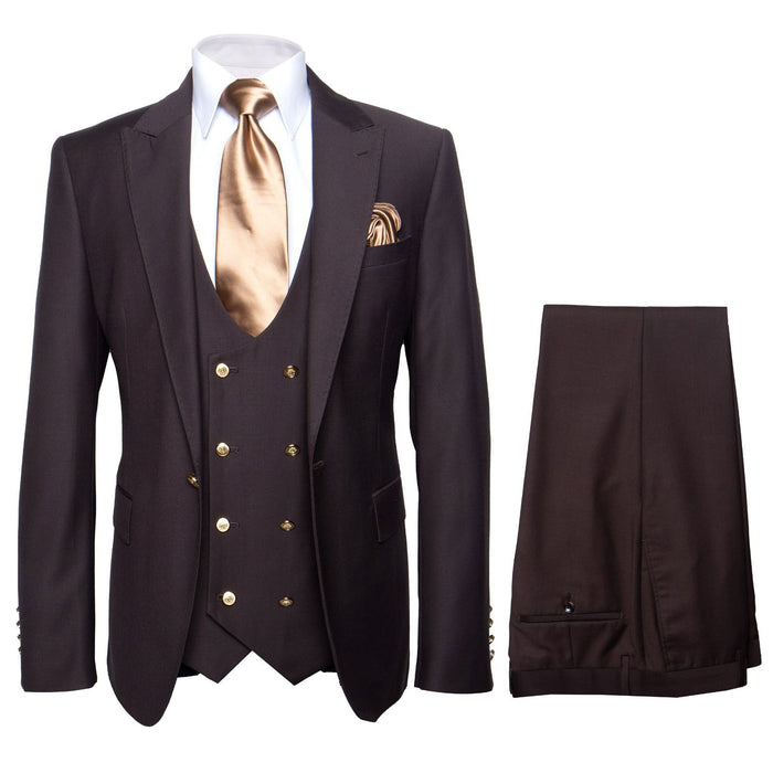 Espresso Brown 3-Piece Luxury Wedding Suit with Gold Accents