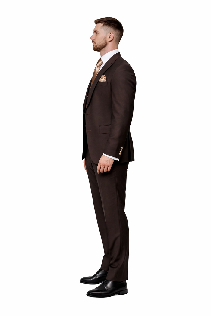 Espresso Brown 3-Piece Luxury Wedding Suit with Gold Accents
