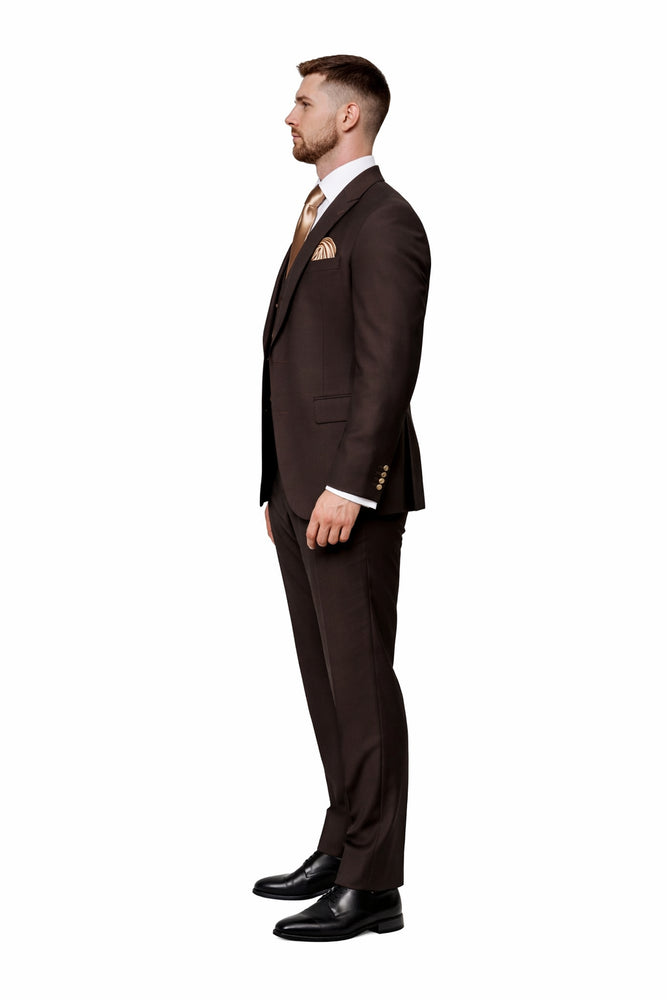 Espresso Brown 3-Piece Luxury Wedding Suit with Gold Accents