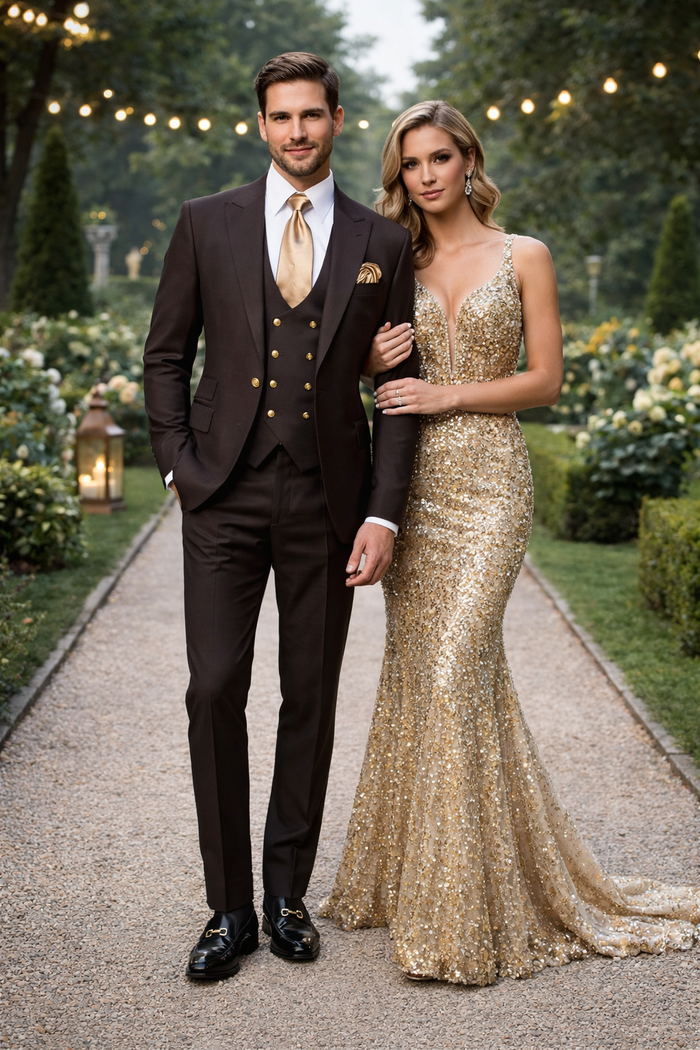 Espresso Brown 3-Piece Luxury Wedding Suit with Gold Accents