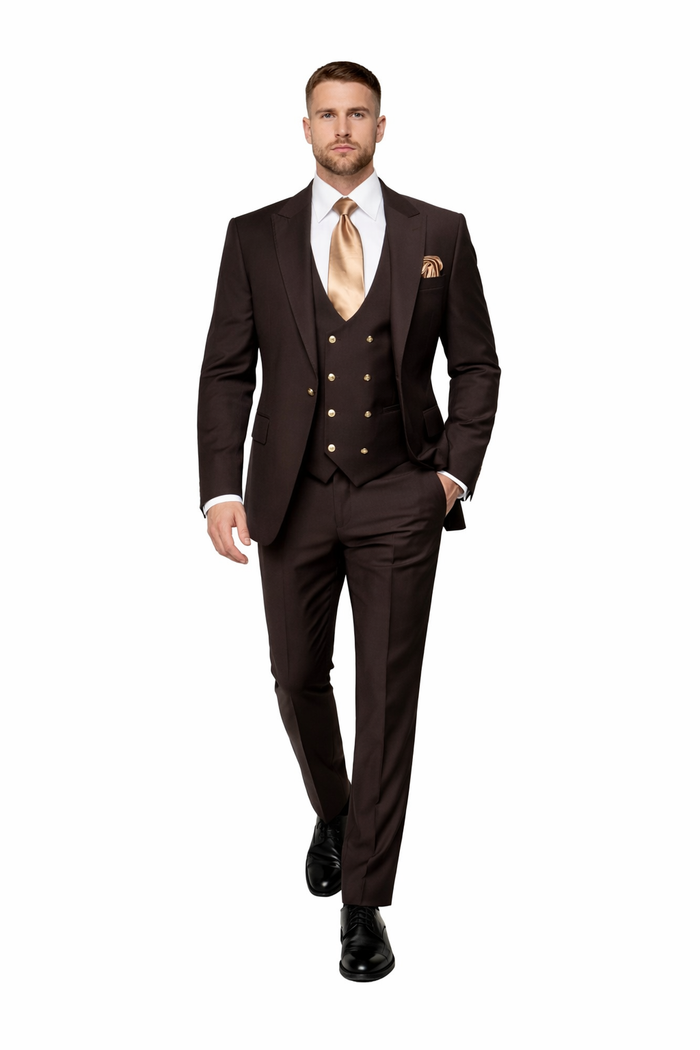Espresso Brown 3-Piece Luxury Wedding Suit with Gold Accents
