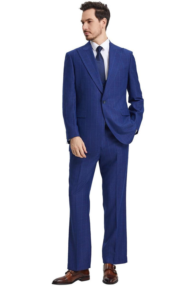 Men's Stacy Adams Peak Lapel Blue Windowpane Plaid Suit with a Scoop Neck Vest