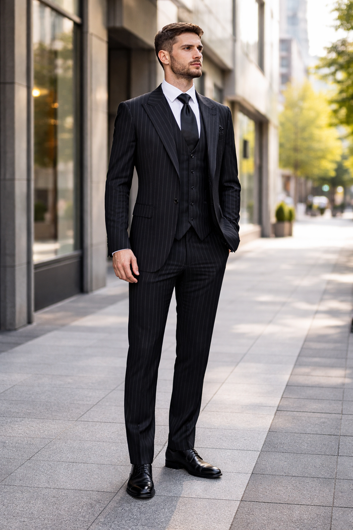 Rossiman Executive Noir Pinstripe 3-Piece Power Suit