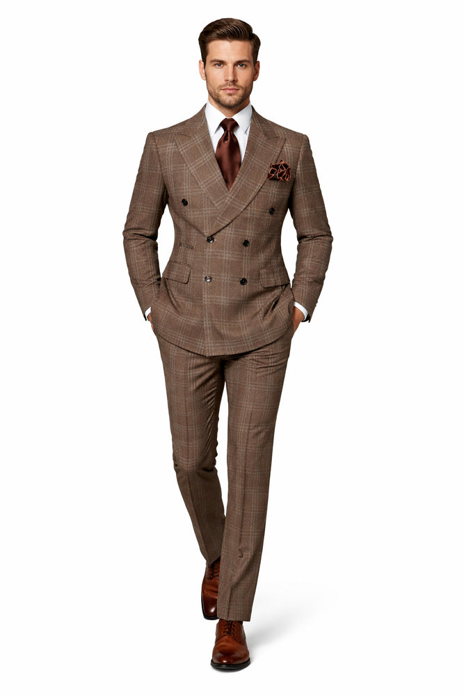 Brown Windsor Plaid Double-Breasted 3-Piece Executive Suit by Rossiman
