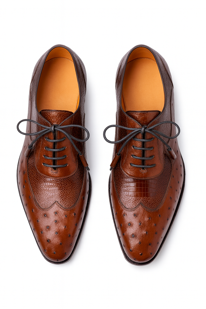 Mens Mezlan Getty Ostrich Wingtip Dress Shoe in Cognac