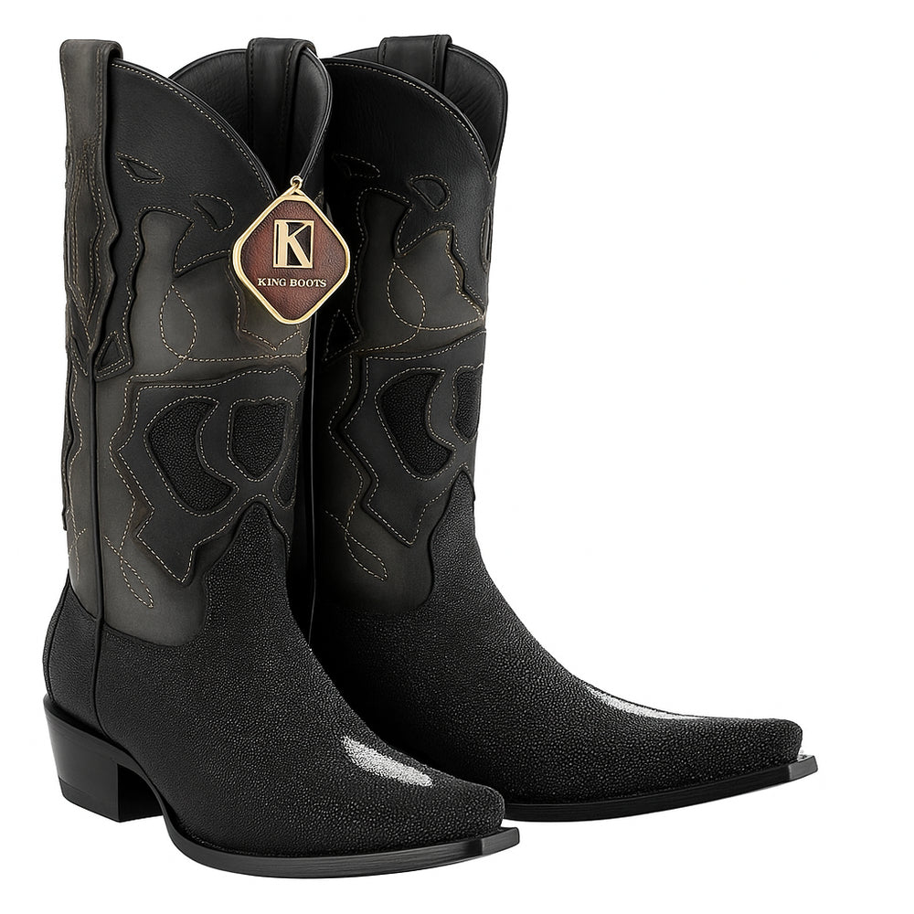 Men's King Exotic Snip Toe Stingray Boots Single Stone Handmade Black (494R1205)