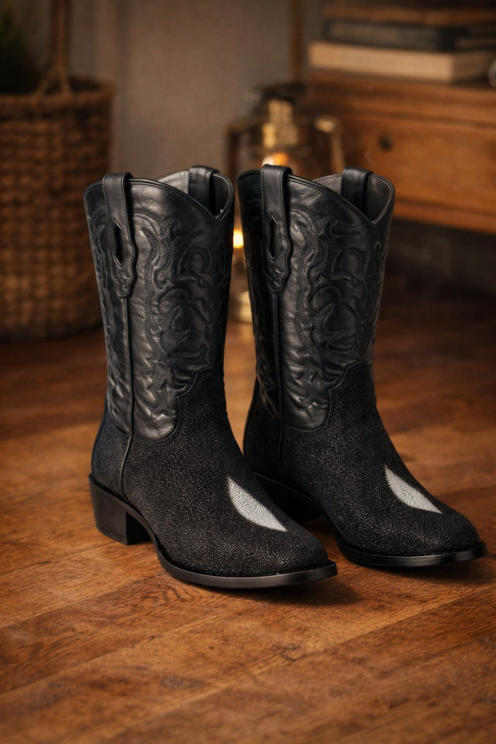 Los Altos Boots Single Stone Stingray R-Toe Black Cowboy Botas de mantarraya - Mantarraya boots