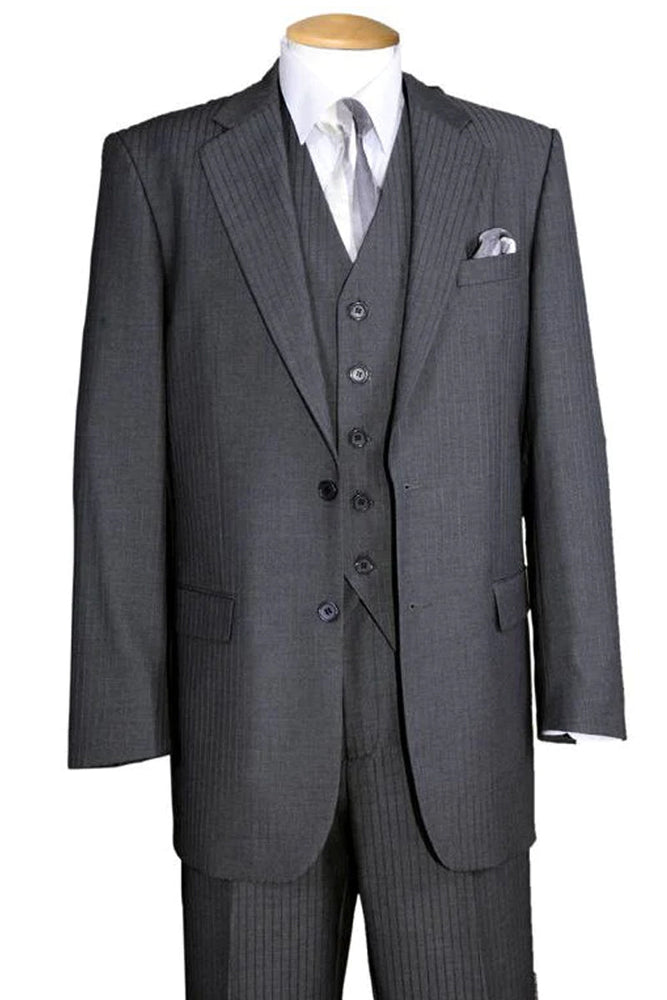 "Grey Pinstripe Wool Feel - Designer Brand Men's Suit with 2 Button Vest"