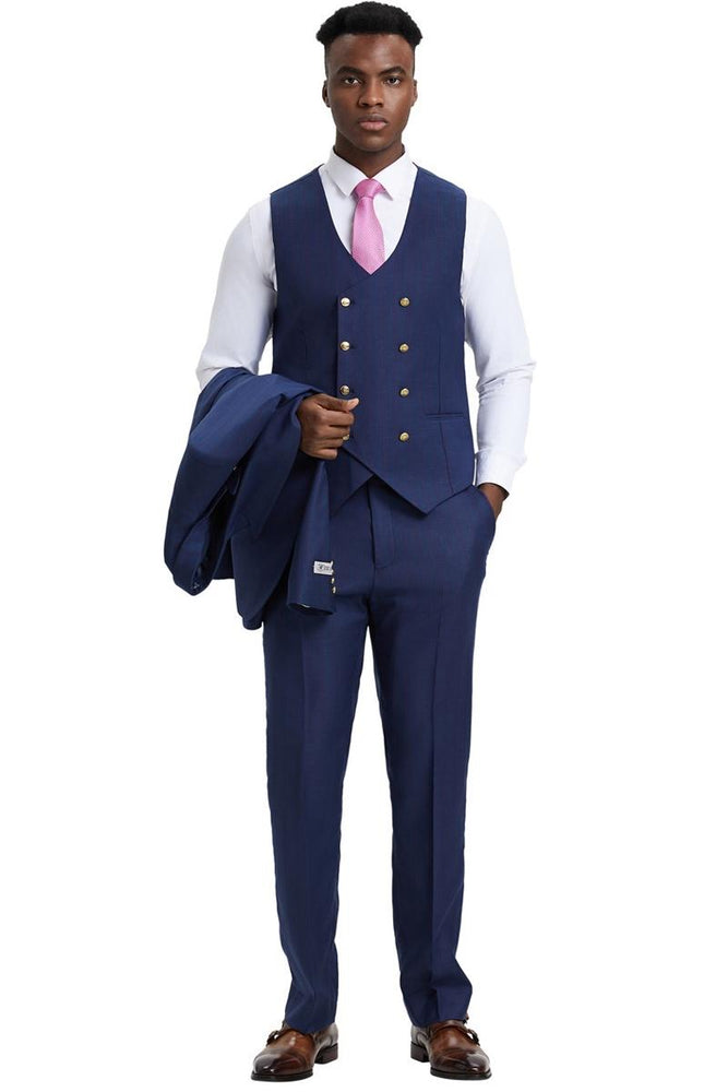 Men's Stacy Adams Vested One Button Side Peak Lapel Pinstripe Suit in Navy Blue