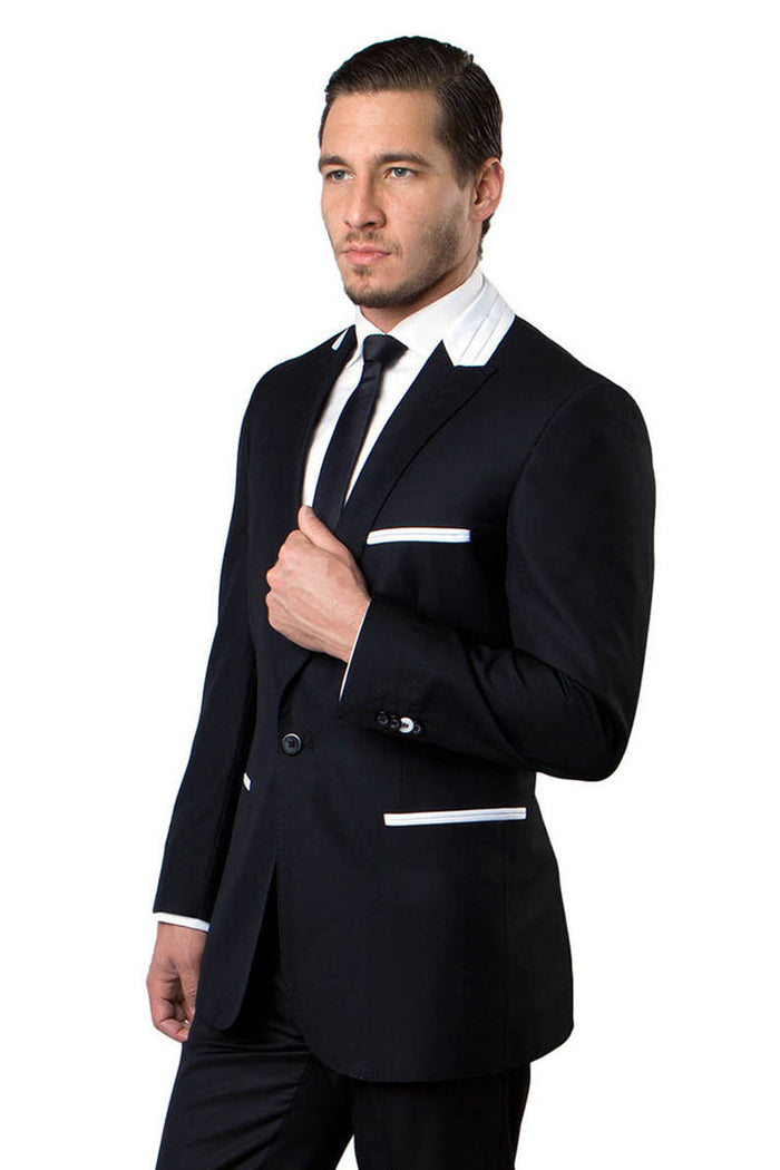Men's Sharp Black Suit with White Satin Accents