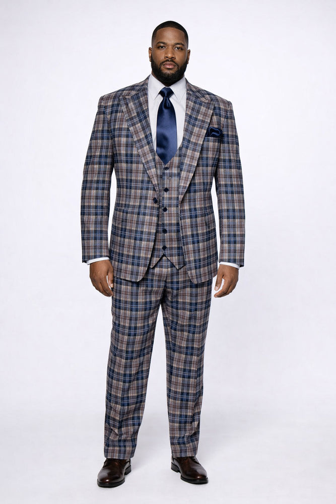Camel & Navy Tartan 3-Piece Modern Wedding Suit