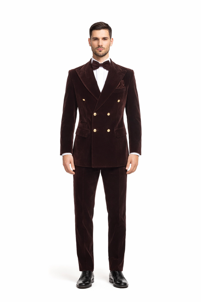 Cocoa Regent Velvet Double-Breasted Tuxedo Suit by Rossiman