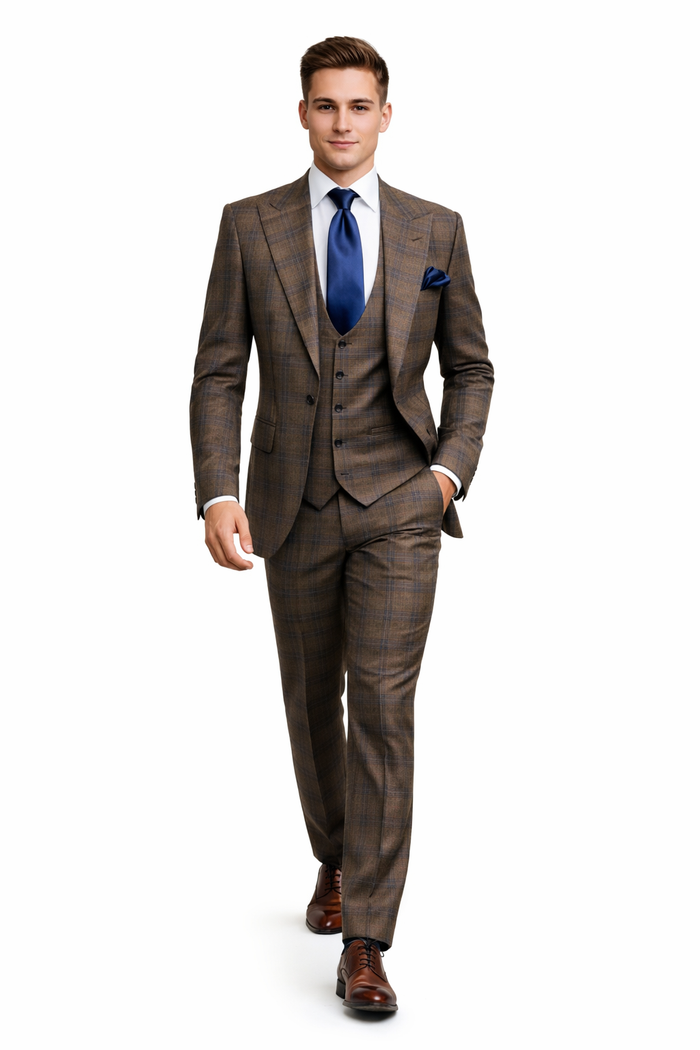 Vintage Camel-Navy Windowpane 3-Piece Gentleman’s Suit for Formal Elegance