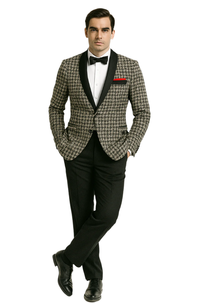 Mens Black and White Tuxedo Houndstooth Prom 2025 Suits - Groom Tuxedo