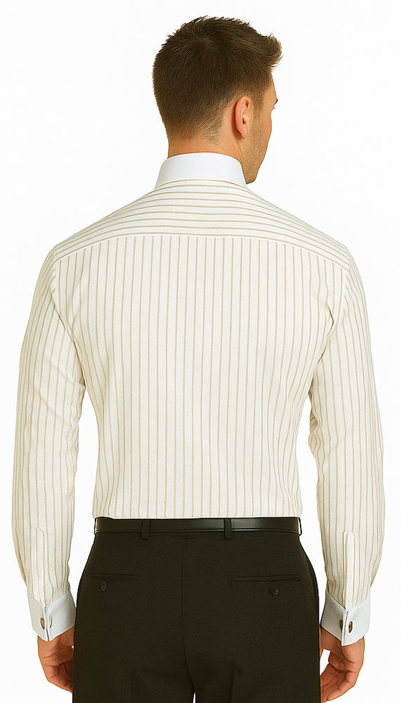 French Cuff Stylish Striped Formal Spread Collar Set Style White Collar Two Toned Contrast Multi-Color Men's Dress Shirt