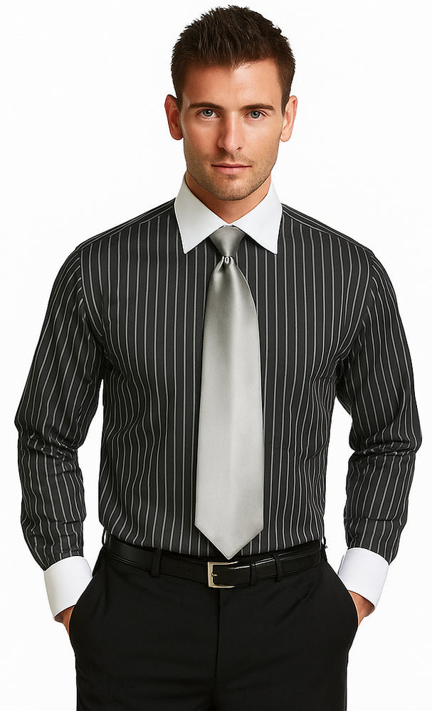 French Cuff Stylish Striped Formal Spread Collar Set Style White Collar Two Toned Contrast Multi-Color Men's Dress Shirt
