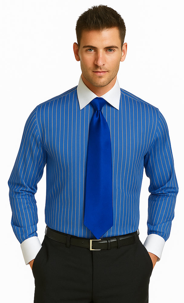 French Cuff Stylish Striped Formal Spread Collar Set Style White Collar Two Toned Contrast Multi-Color Men's Dress Shirt