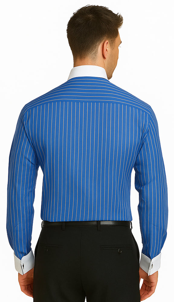French Cuff Stylish Striped Formal Spread Collar Set Style White Collar Two Toned Contrast Multi-Color Men's Dress Shirt