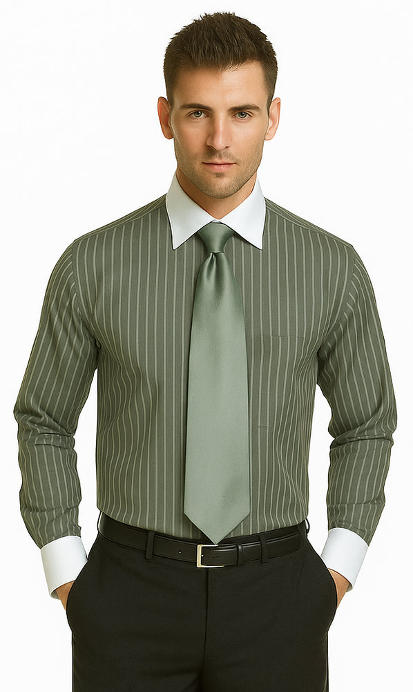 French Cuff Stylish Striped Formal Spread Collar Set Style White Collar Two Toned Contrast Multi-Color Men's Dress Shirt
