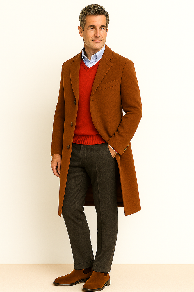 Men's Dress Coat full length Overcoat ~ Long Men's Dress Topcoat - Winter coat Rust (Cashmere Touch (not cashmere))