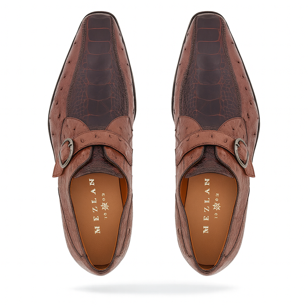 Mezlan Men's Genuine Full Quill Ostrich Leg Monk Brown  Strap Shoes
