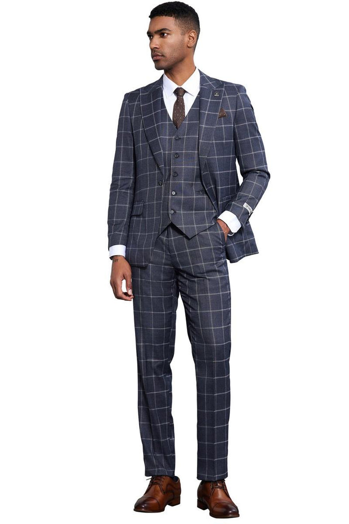 Men's Stacy Adams Classic One Button Vested Windowpane Suit in Charcoal Grey