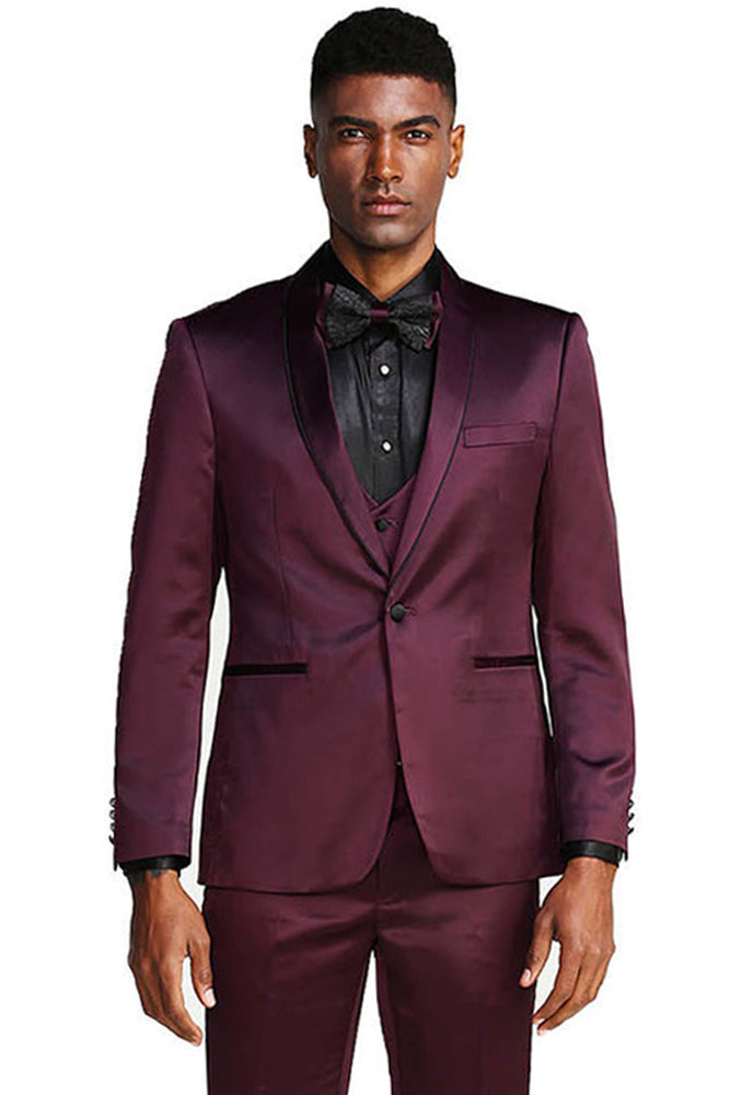 Men's Burgundy Satin Tuxedo Suit with Shawl Collar