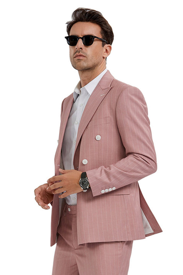 Men's Slim Fit Pink Double Breasted Suit by Tazzio Suits