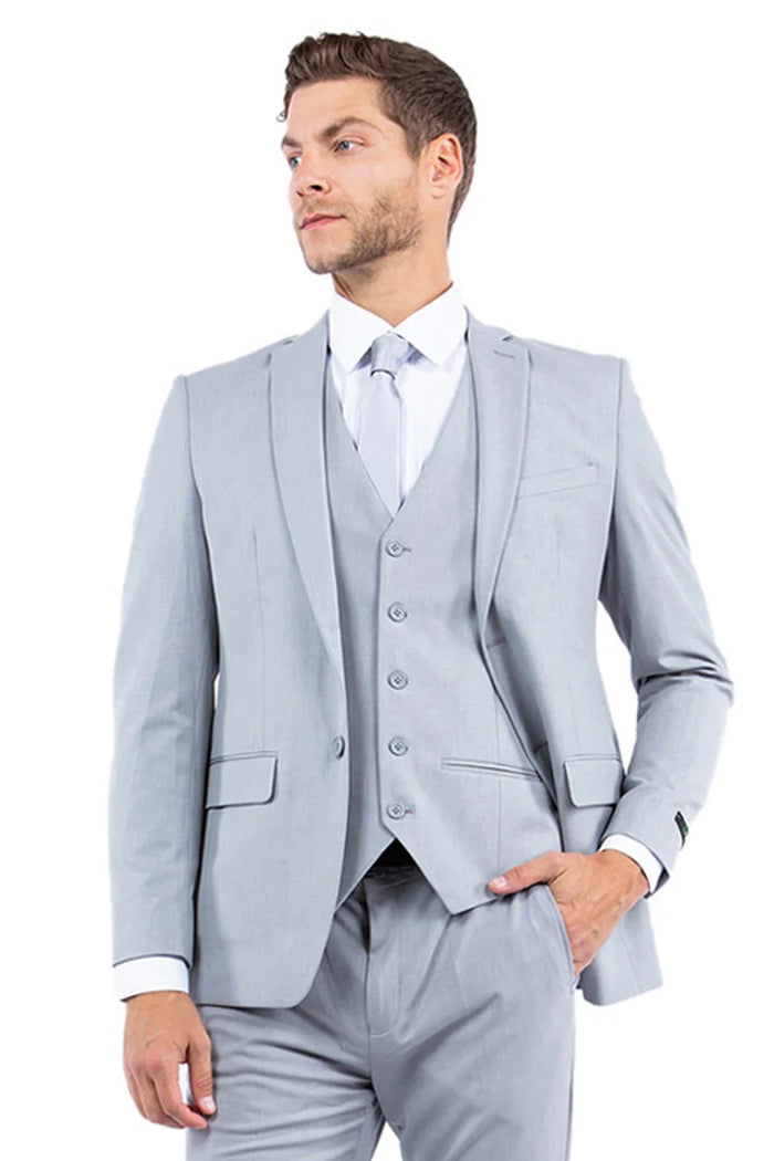 Zegarie Suits - Men's One Button Vested Slim Fit Business & Wedding Suit in Light Grey