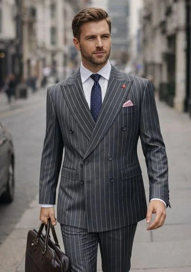 Statement Men's 2 Piece 100% Wool Modern Fit Pinstripe Suit - Double Breasted Jacket
