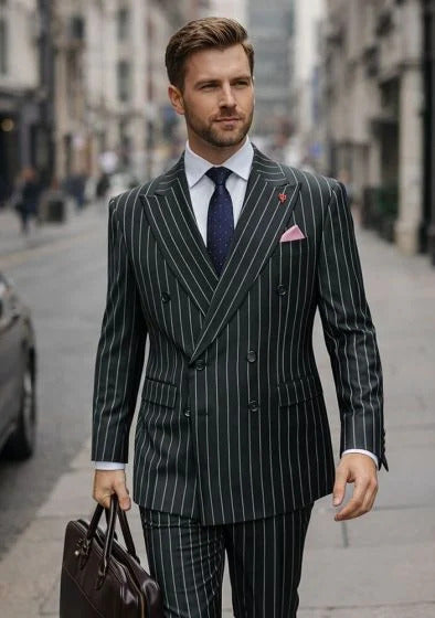 Statement Men's 2 Piece 100% Wool Modern Fit Pinstripe Suit - Double Breasted Jacket