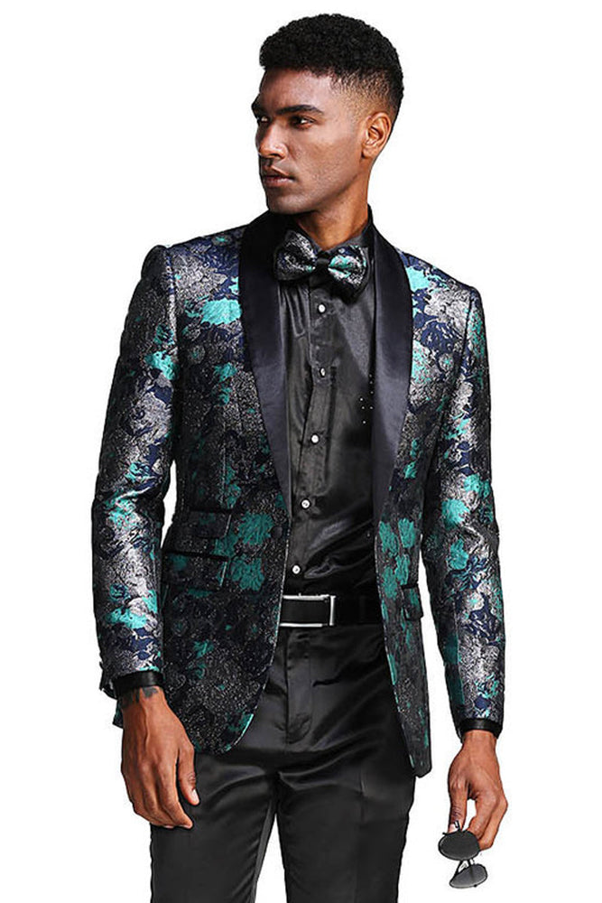Men's Slim Fit Shawl Lapel Paisley Tuxedo in Turquoise & Navy Blue
