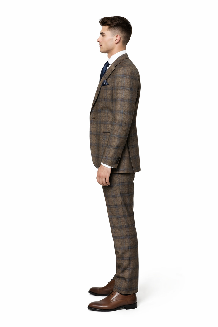 Vintage Camel-Navy Windowpane 3-Piece Gentleman’s Suit for Formal Elegance