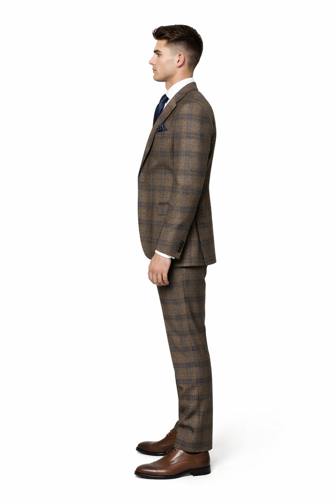Vintage Camel-Navy Windowpane 3-Piece Gentleman’s Suit for Formal Elegance