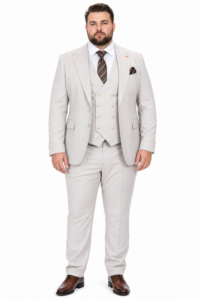 Men's Ash Statement Ticket Pocket Peak Lapel Wool Double Breasted Vest Suit with Gold Buttons – Modern Fit