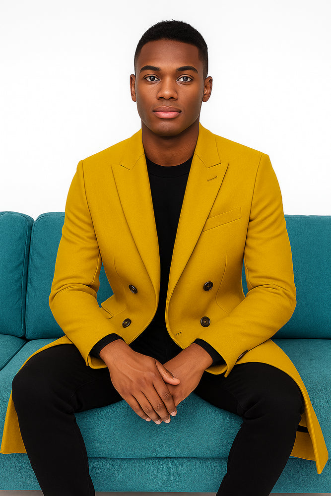 Men's Gold 44Inch Long Double Breasted Overcoat Winter Men's Topcoat Sale