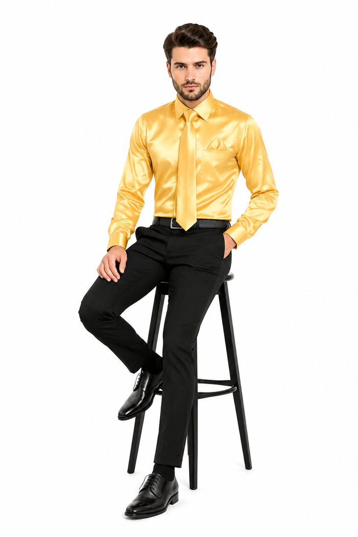 Boys Gold Satin Combo Men's Dress Shirt