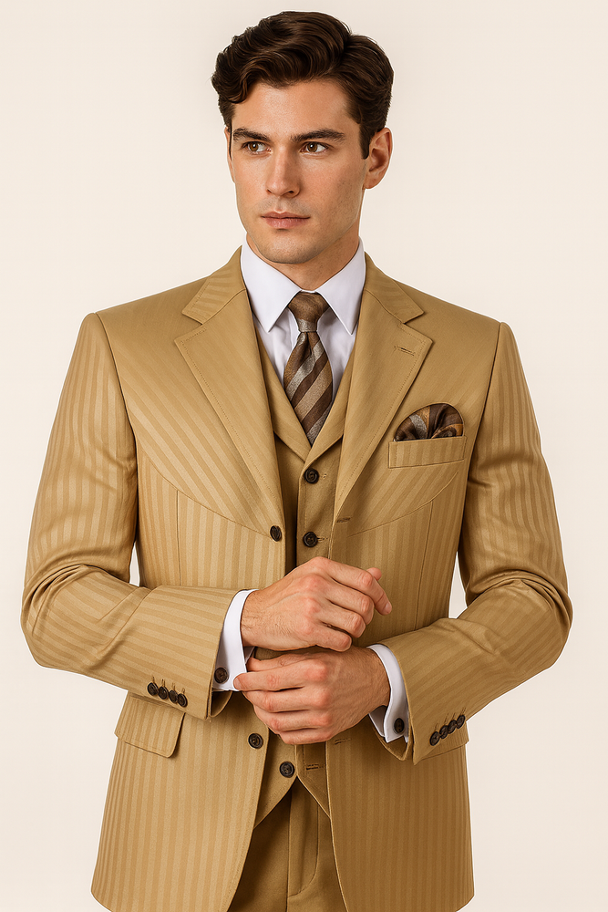 "Gold Men's Fashion Suit - 4 Button, Semi Wide Leg, Shiny Tonal Stripe"