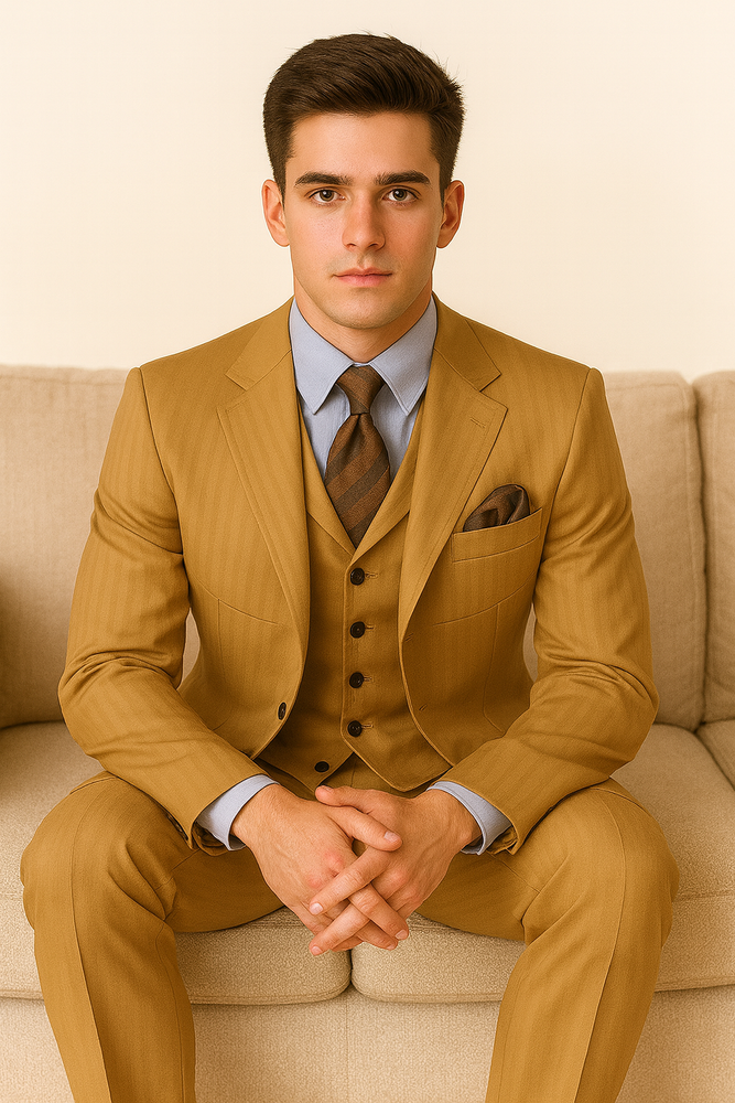 "Gold Men's Fashion Suit - 4 Button, Semi Wide Leg, Shiny Tonal Stripe"