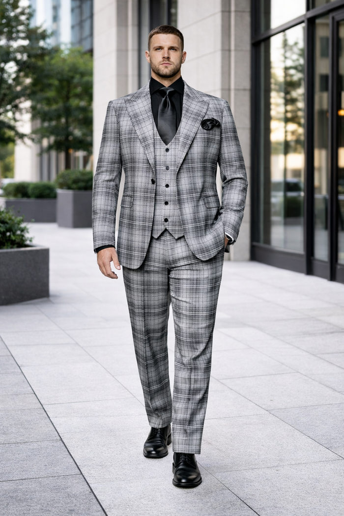 Graphite Crosshatch Plaid 3-Piece Black-Tie Statement Suit