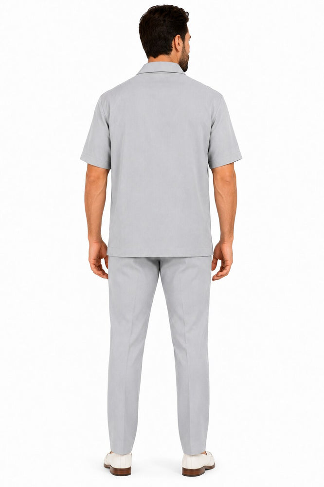 Men’s Light Gray Embroidered Walking Suit Set – 2 Piece Short Sleeve Casual Outfit