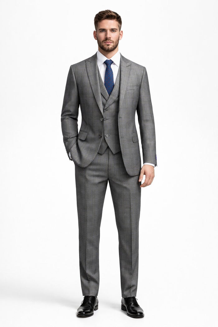 Gray Modern Fit Glen Plaid 2 Button Peak Lapel 3 Piece Suit
