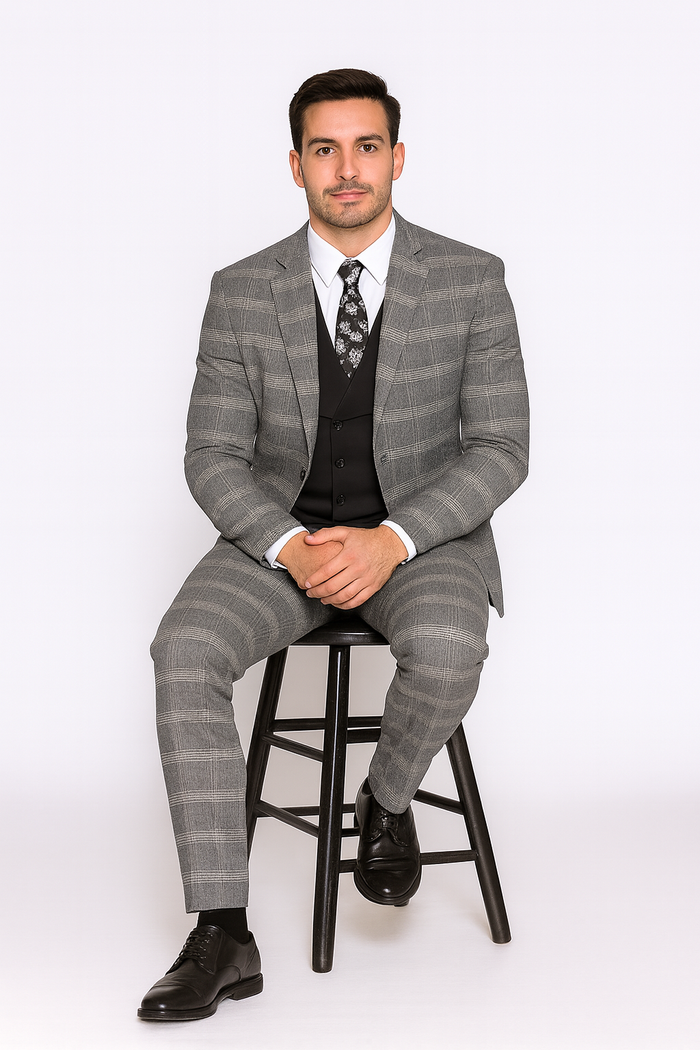 Gray Pattern Plaid Suit - Black Vest Double Breasted Vest - Houndstooth Fabric