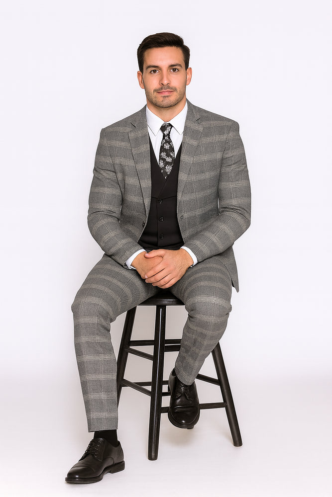 Gray Pattern Plaid Suit - Black Vest Double Breasted Vest - Houndstooth Fabric