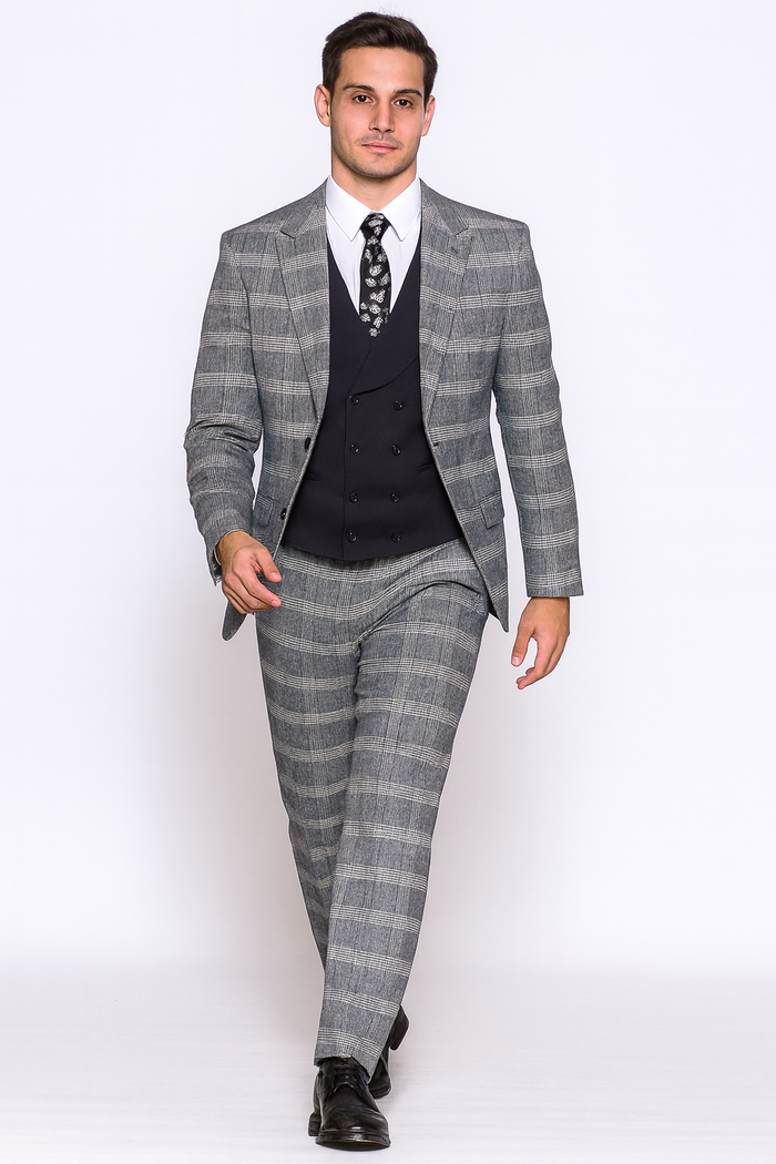 Gray Pattern Plaid Suit - Black Vest Double Breasted Vest - Houndstooth Fabric