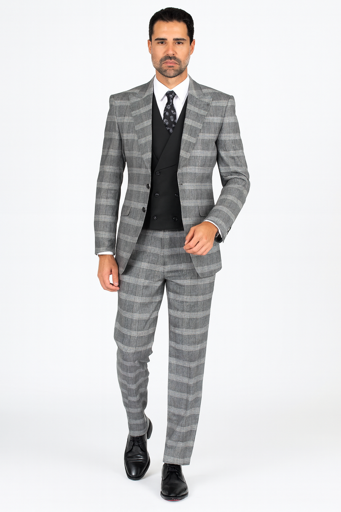 Gray Pattern Plaid Suit - Black Vest Double Breasted Vest - Houndstooth Fabric