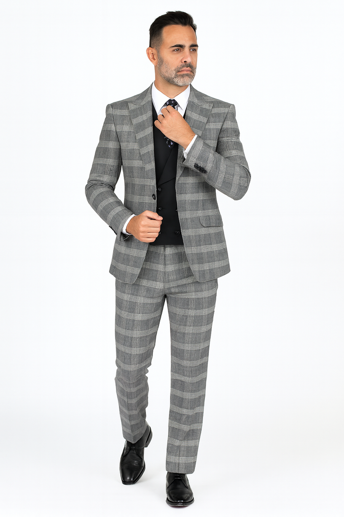Gray Pattern Plaid Suit - Black Vest Double Breasted Vest - Houndstooth Fabric