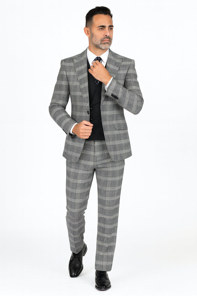 Gray Pattern Plaid Suit - Black Vest Double Breasted Vest - Houndstooth Fabric