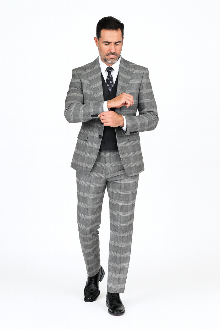 Gray Pattern Plaid Suit - Black Vest Double Breasted Vest - Houndstooth Fabric